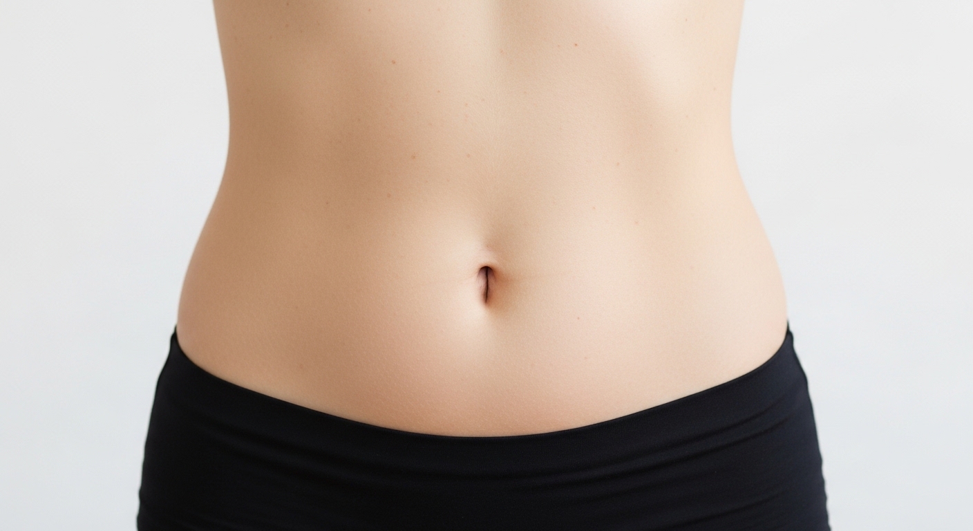 Close-up frontal do abdômen de uma pessoa com pele clara e saudável. A imagem destaca a região do umbigo e a linha da cintura, com a pessoa vestindo a parte superior de uma calça ou bermuda preta. O fundo branco e a iluminação suave enfatizam a textura natural da pele, ideal para ilustrar temas de cuidados corporais e estética.