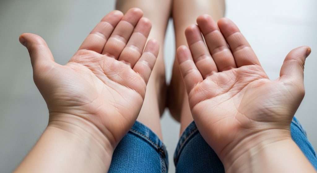 Visão aproximada de mãos segurando uma planta baixa detalhada sobre uma mesa de madeira. O projeto arquitetônico exibe divisões de cômodos, medidas e anotações técnicas. Ao lado do papel, encontram-se óculos de leitura, um lápis de grafite e um notebook aberto, simbolizando a fase de análise e revisão de um projeto de construção ou reforma residencial. A iluminação é focada no papel, destacando a precisão do desenho